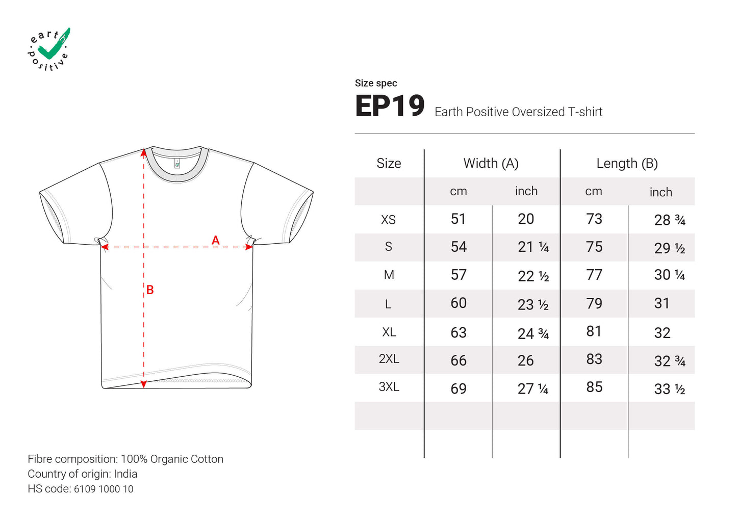 Earth Positive Oversized T-Shirt EP19 Size Spec