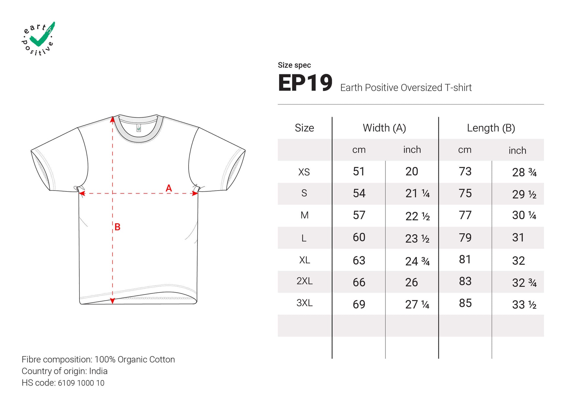 Earth Positive Oversized T-Shirt EP19 Size Spec